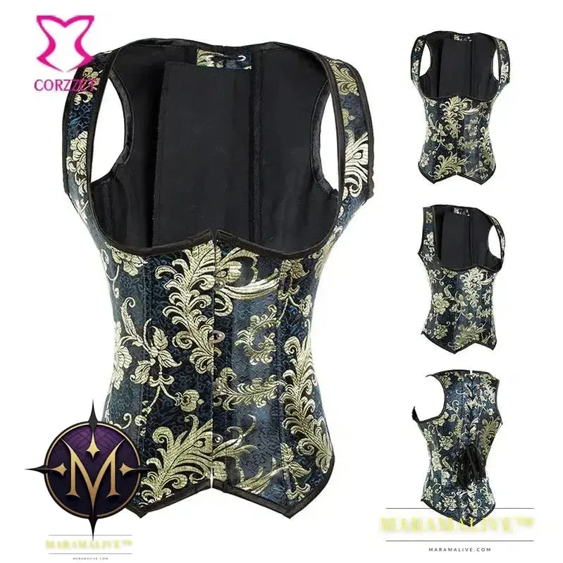 Corsets and Bustiers Women Sexy Underbust Steampunk Glitter Embroidery Gold Brocade Steel Boned Waist Trainer Corset Party Wear