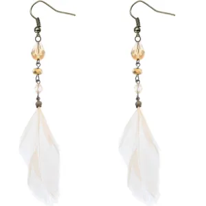 Cream Long Beaded Feather Earrings