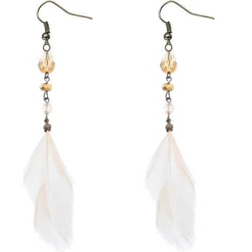 Cream Long Beaded Feather Earrings