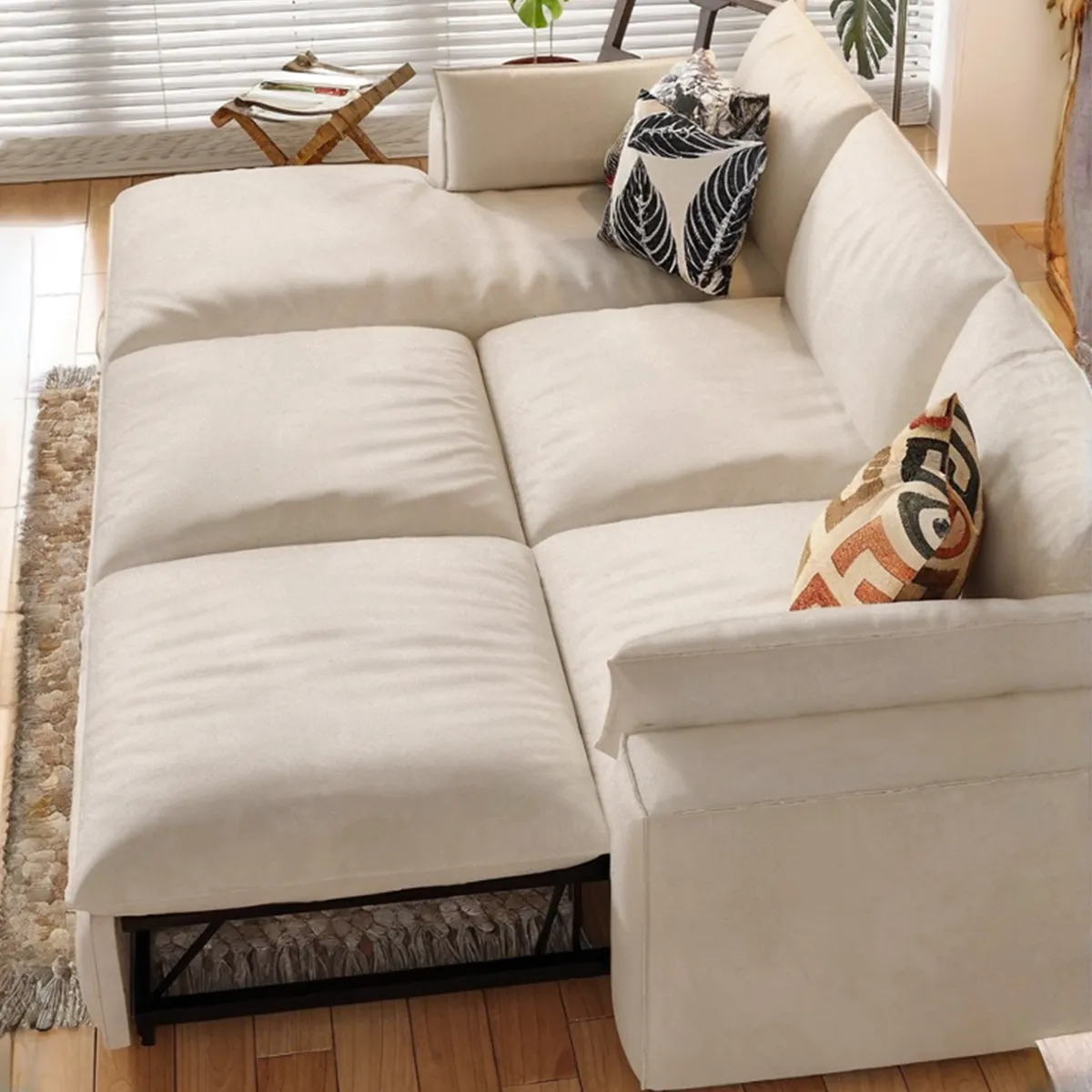 Creamy Tofu Block Pullout Sofa Bed with Storage