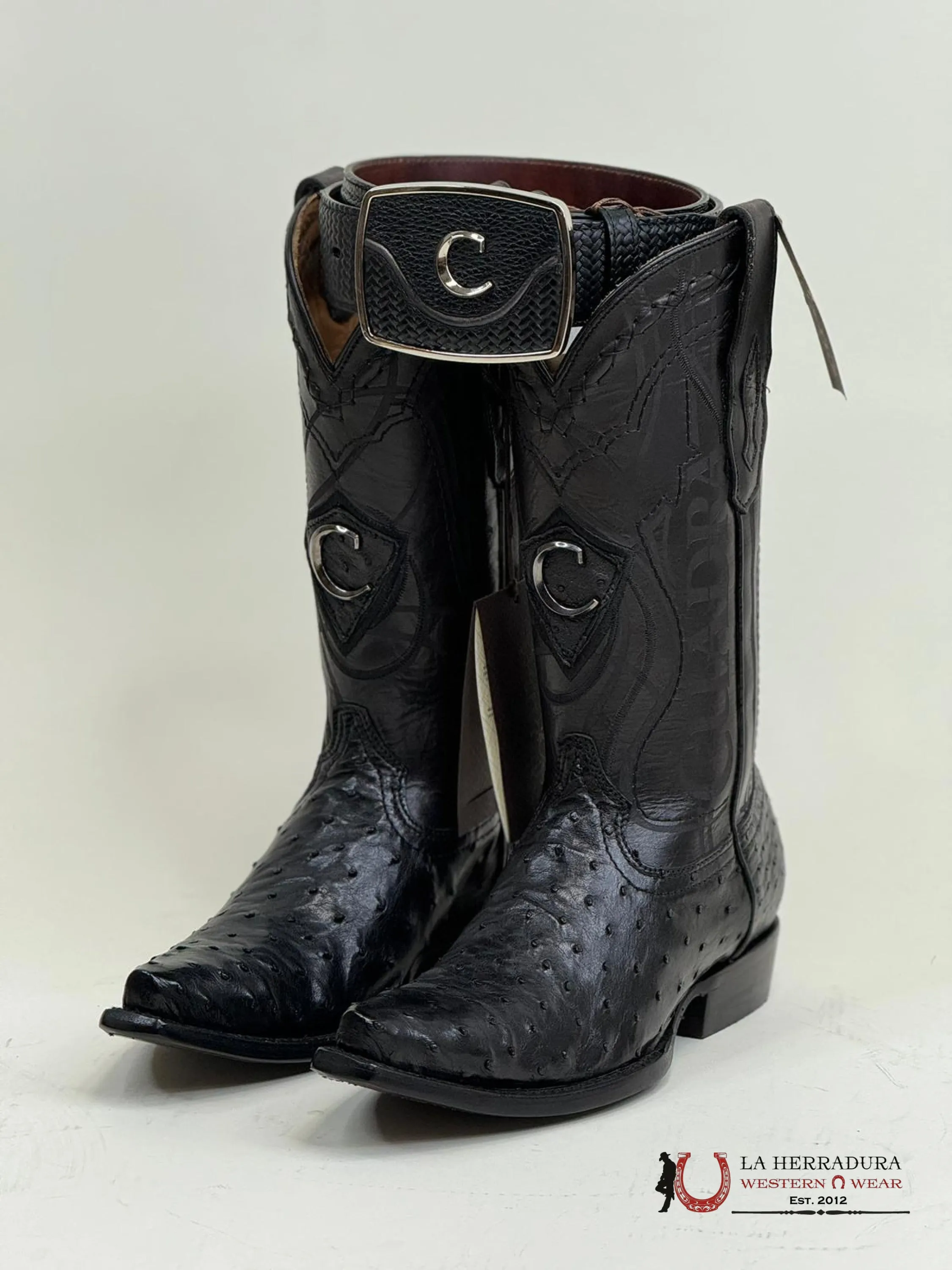CUADRA BOOTS OSTRICH BLACK LASER & WOVEN SNIP TOE