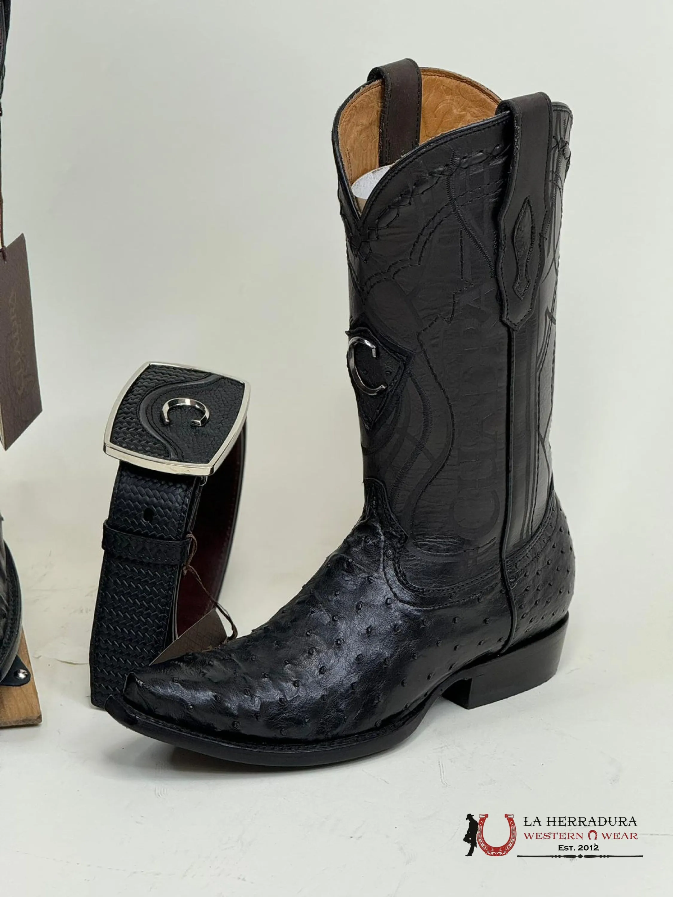 CUADRA BOOTS OSTRICH BLACK LASER & WOVEN SNIP TOE