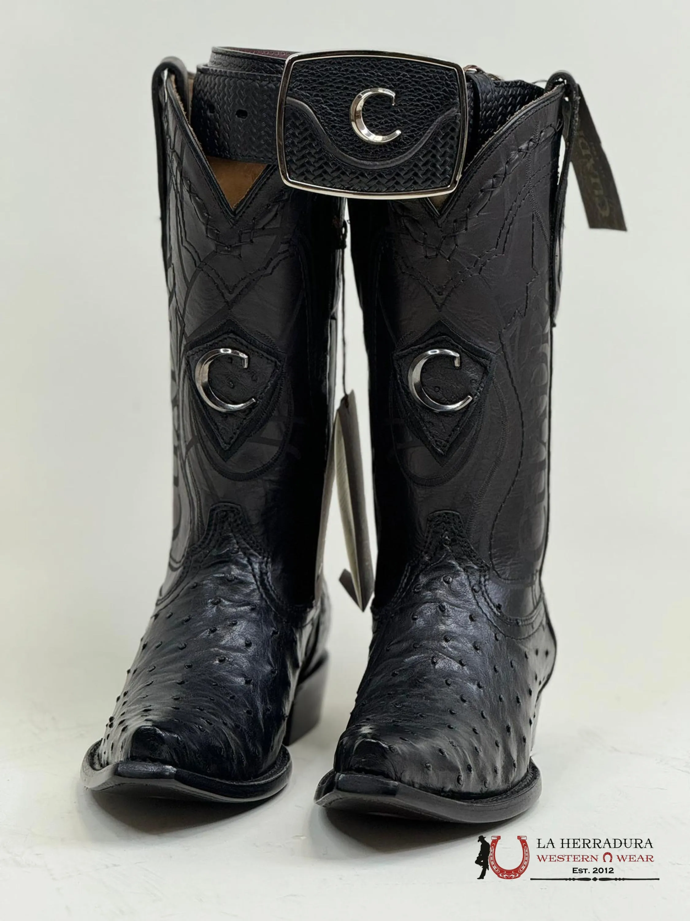 CUADRA BOOTS OSTRICH BLACK LASER & WOVEN SNIP TOE