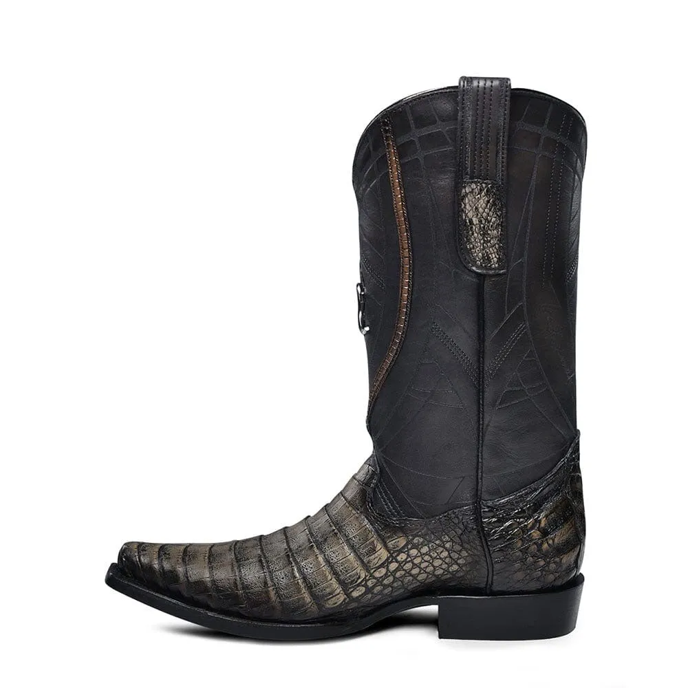 Cuadra Men's Atlantic Black Caiman Laser & Embroidery Pointed Toe