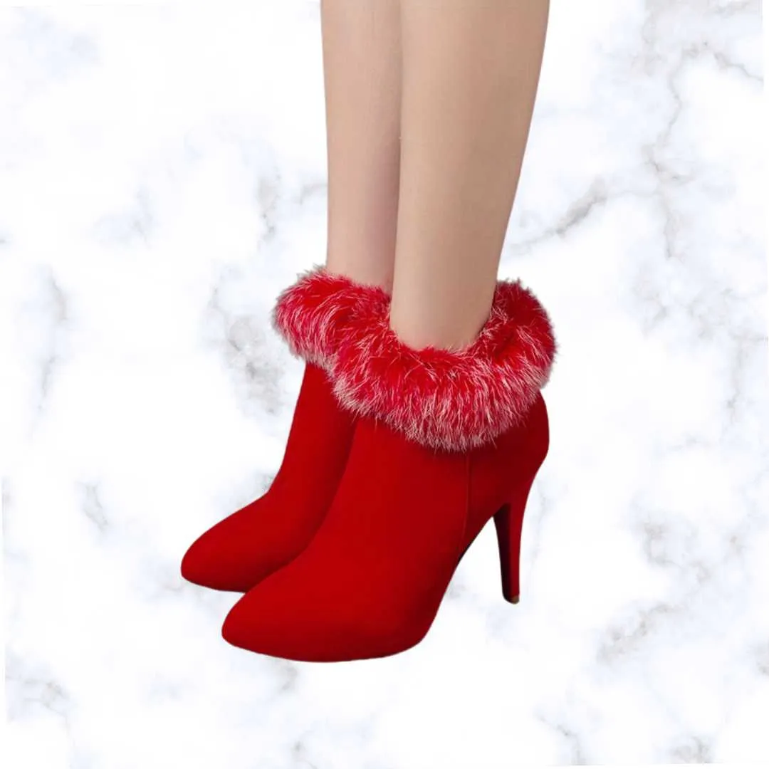 Designer Luxe Fluffy Stiletto Ankle Boots – Cozy Thermal Plush Lining with Trendy High Heels and Side Zipper Closure