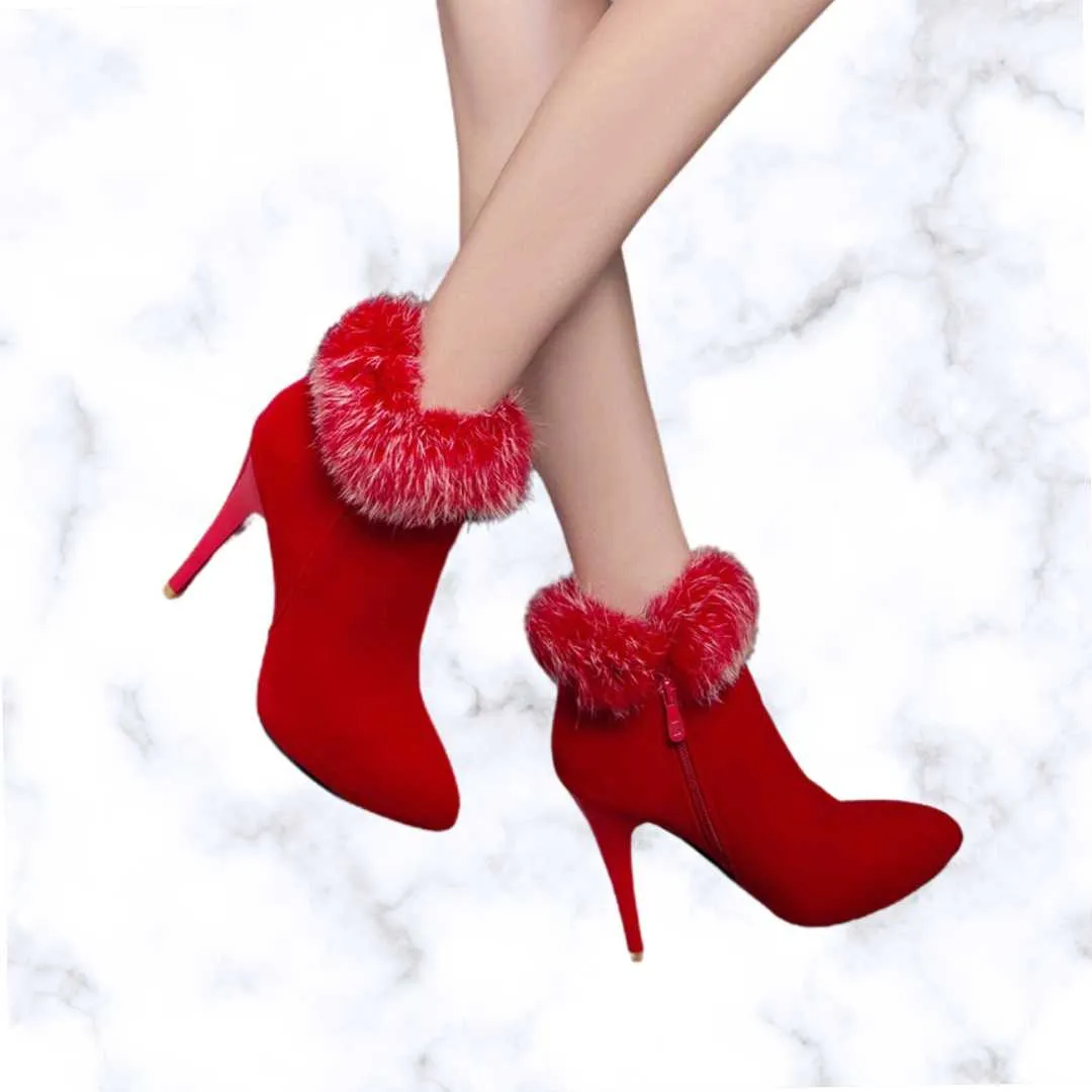 Designer Luxe Fluffy Stiletto Ankle Boots – Cozy Thermal Plush Lining with Trendy High Heels and Side Zipper Closure