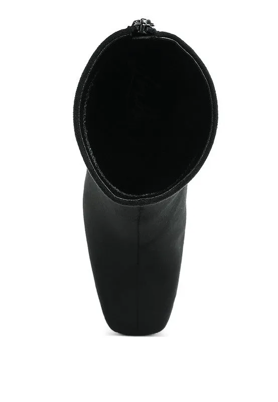 Dimri Square Toe Ankle Boots - Microfiber, Flared Block Heel, Black & Beige