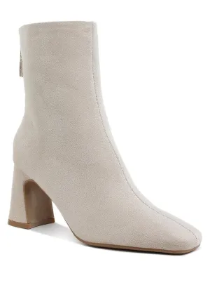 Dimri Square Toe Ankle Boots - Microfiber, Flared Block Heel, Black & Beige