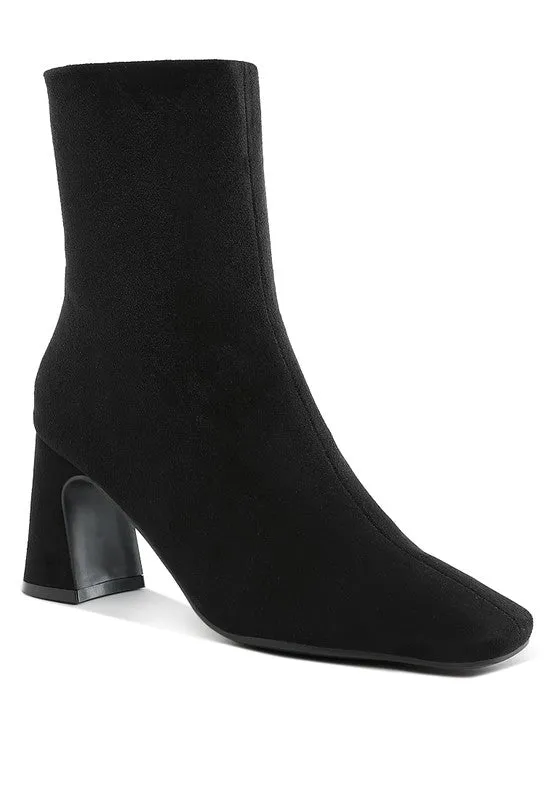 Dimri Square Toe Ankle Boots - Microfiber, Flared Block Heel, Black & Beige