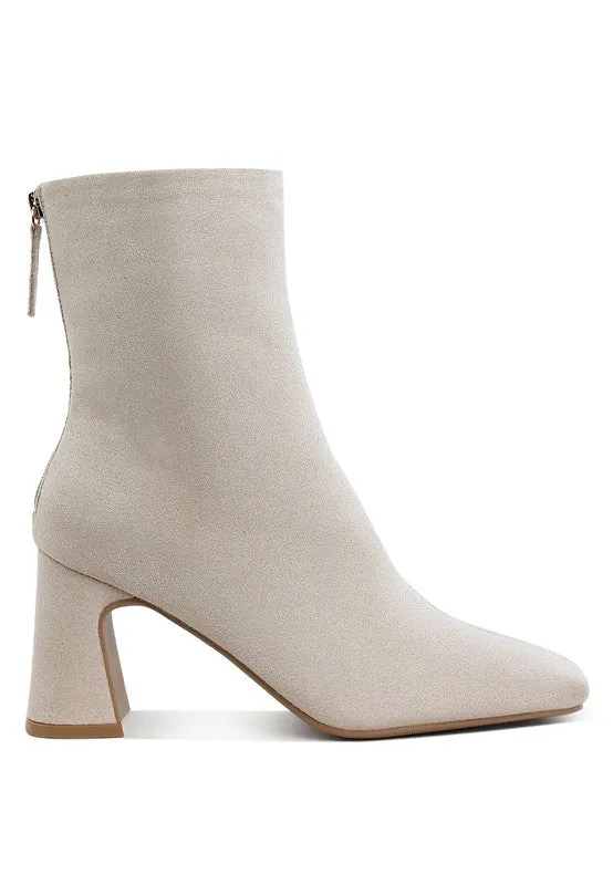 Dimri Square Toe Ankle Boots - Microfiber, Flared Block Heel, Black & Beige