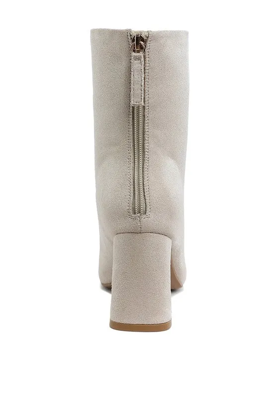 Dimri Square Toe Ankle Boots - Microfiber, Flared Block Heel, Black & Beige