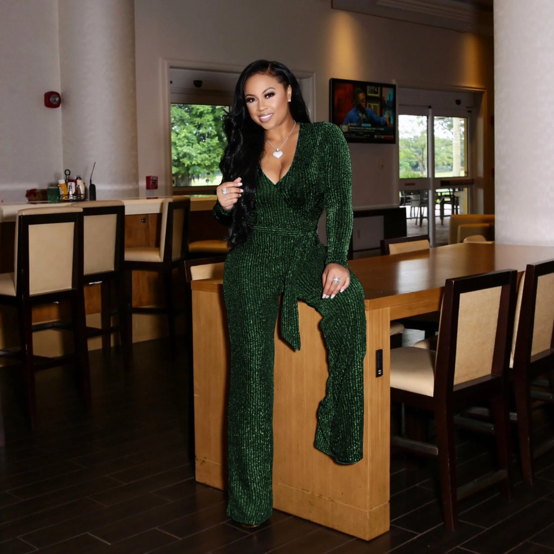 Elevated Elegance Belted V-Neck Winter Jumpsuit with Timeless Charm