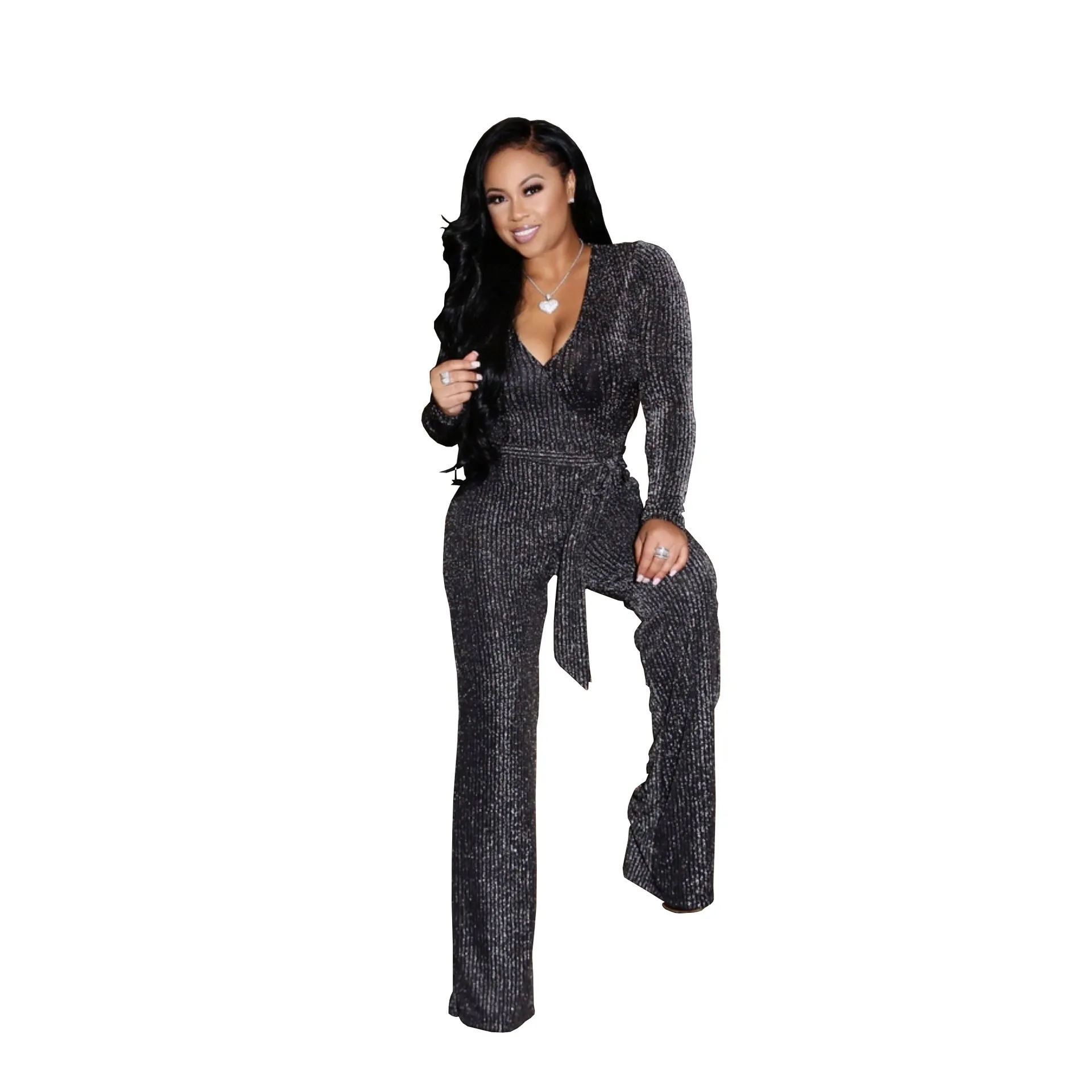 Elevated Elegance Belted V-Neck Winter Jumpsuit with Timeless Charm