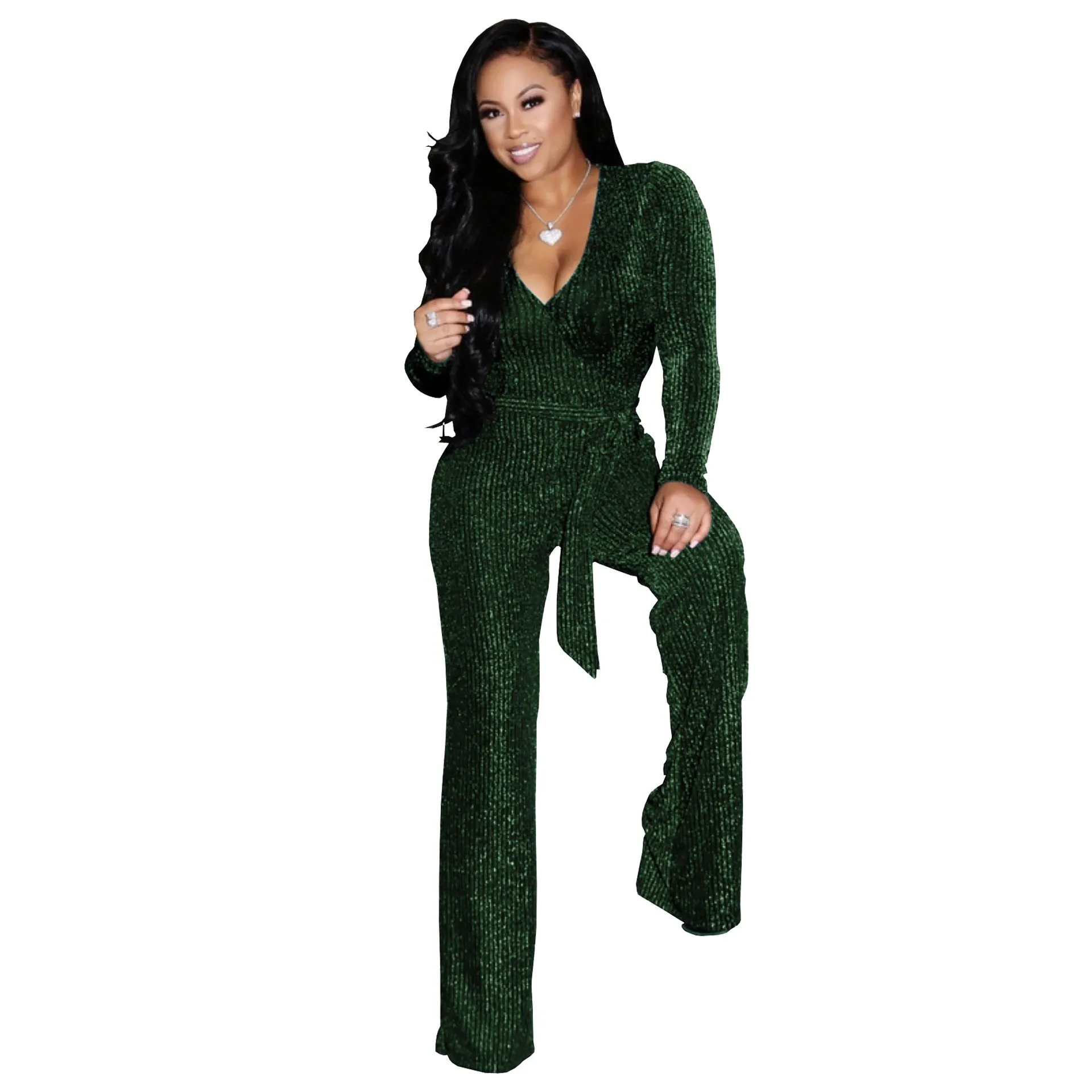 Elevated Elegance Belted V-Neck Winter Jumpsuit with Timeless Charm