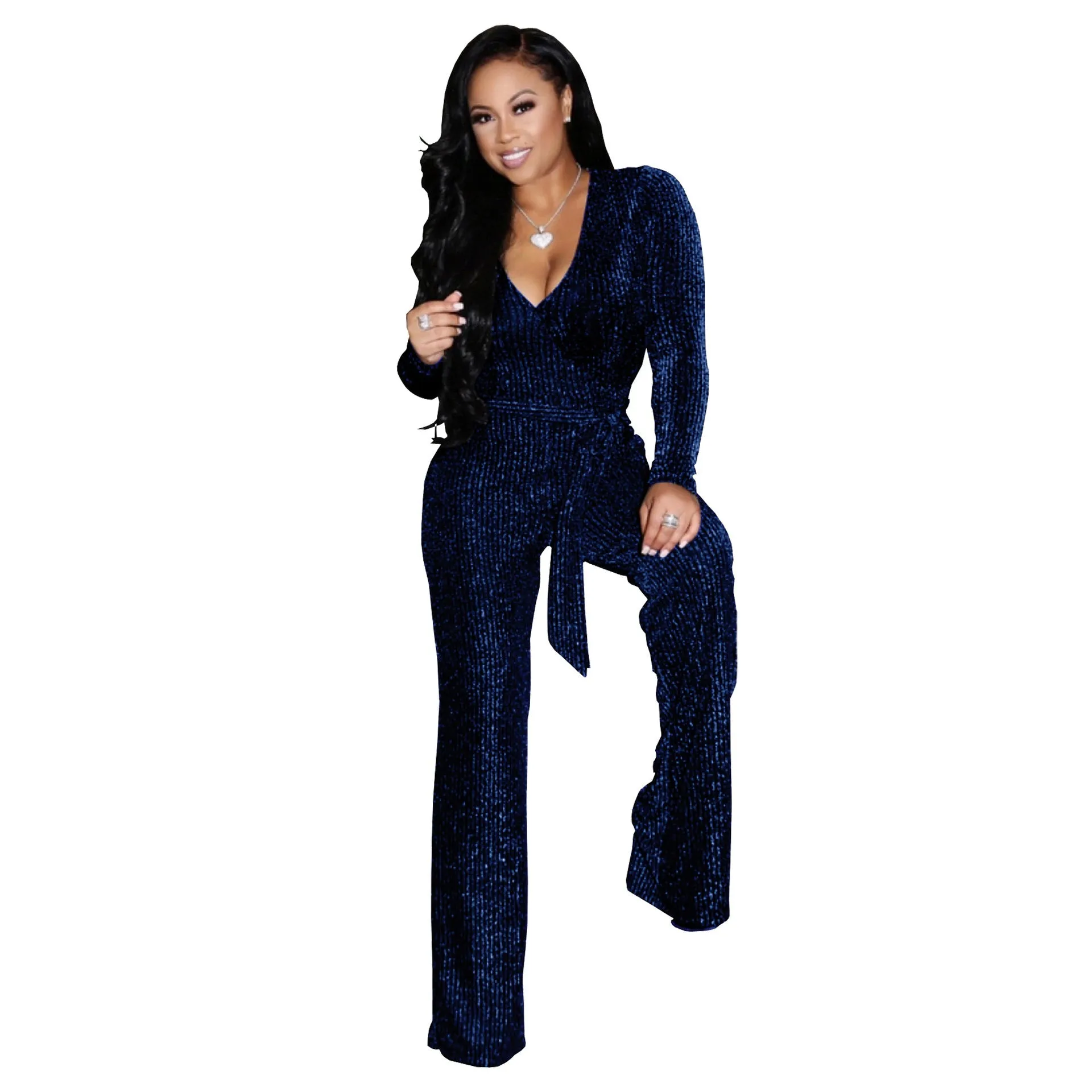 Elevated Elegance Belted V-Neck Winter Jumpsuit with Timeless Charm