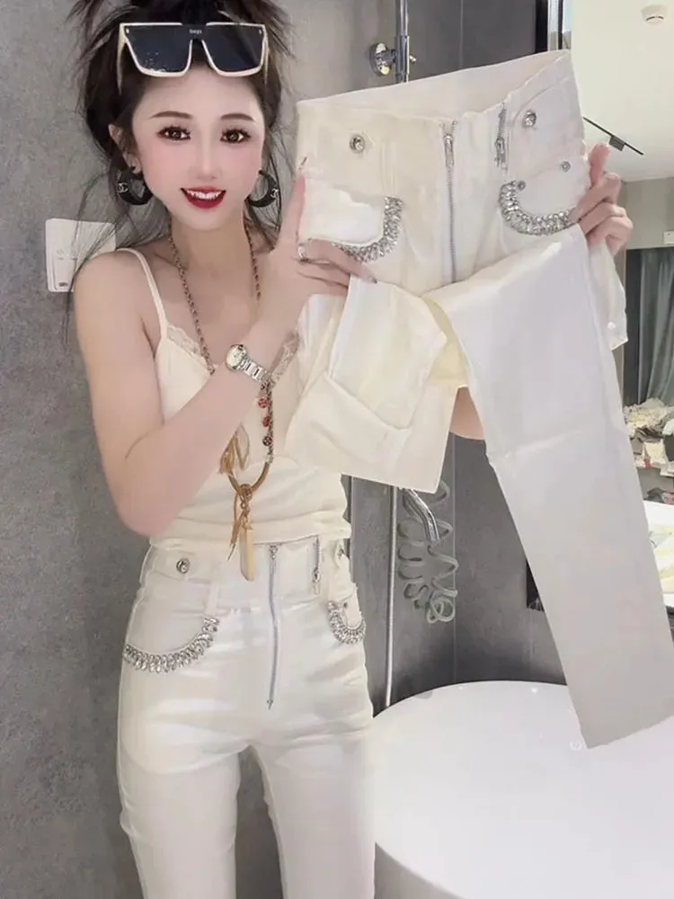 European Heavy Industries Diamond Coated Pencil Pants Women's Winter New High Waist Leg Pants Pew Bottom Boots Pants