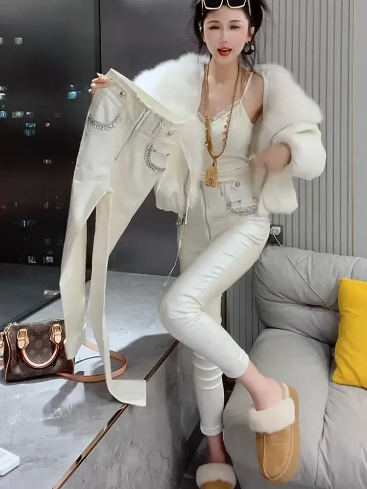 European Heavy Industries Diamond Coated Pencil Pants Women's Winter New High Waist Leg Pants Pew Bottom Boots Pants