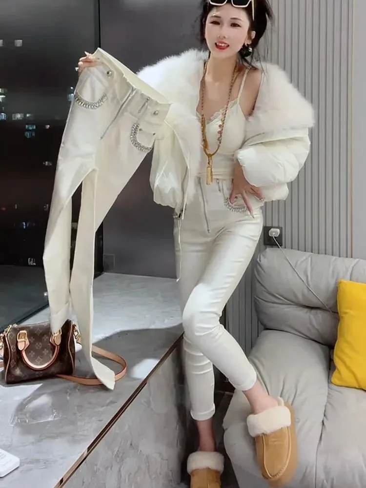 European Heavy Industries Diamond Coated Pencil Pants Women's Winter New High Waist Leg Pants Pew Bottom Boots Pants