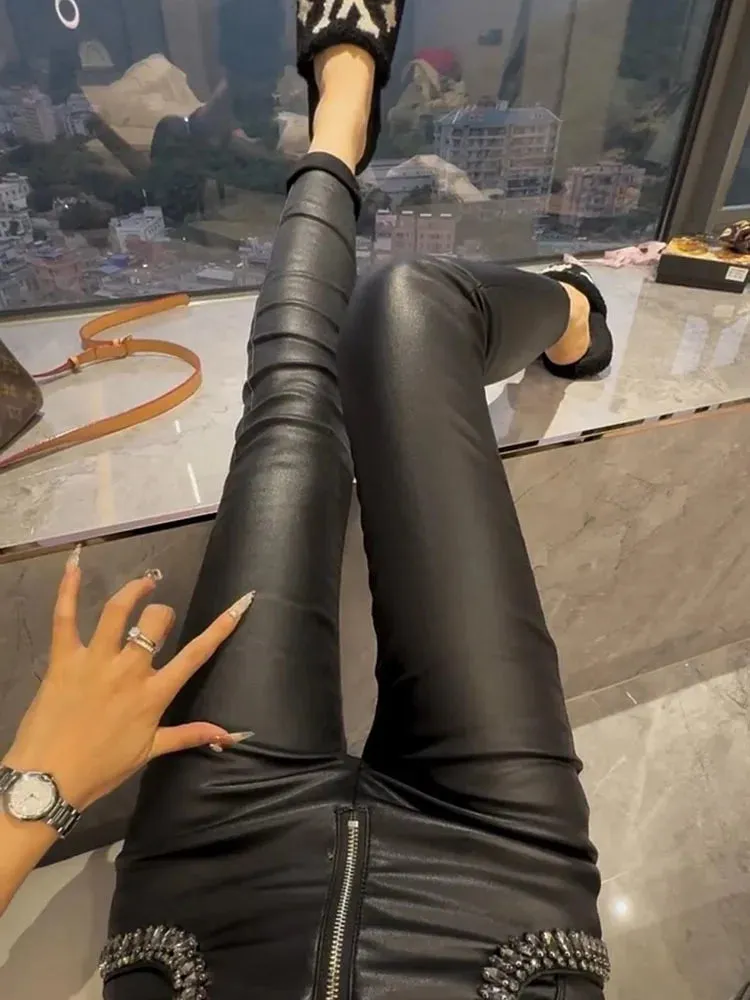 European Heavy Industries Diamond Coated Pencil Pants Women's Winter New High Waist Leg Pants Pew Bottom Boots Pants