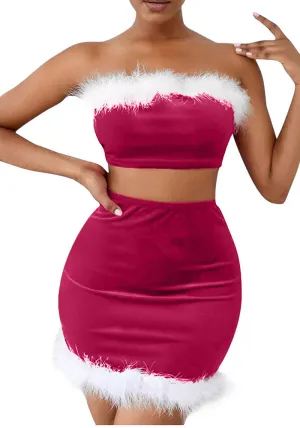Festive Feather Strapless Christmas Nightclub Skirt Set for Holiday Glam