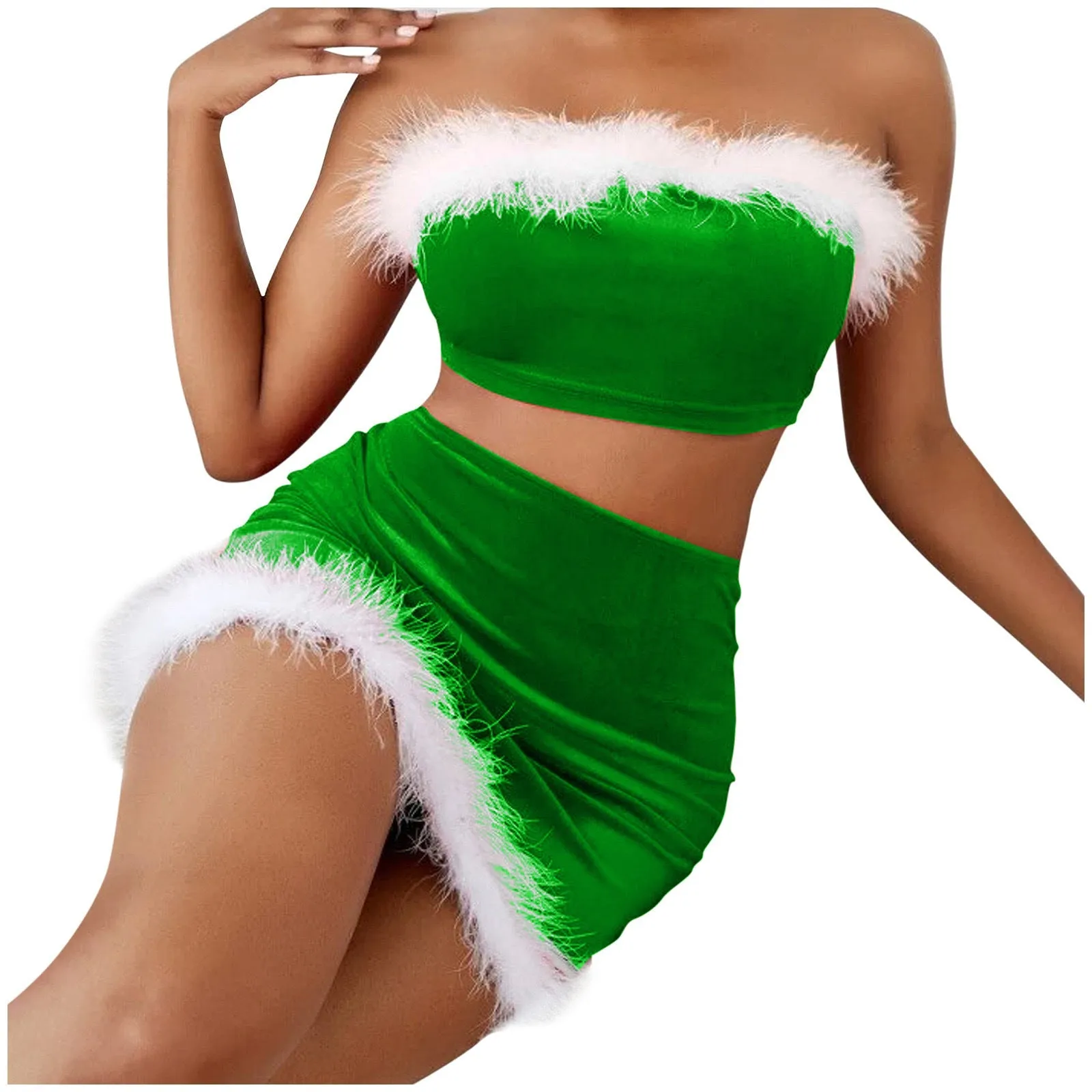 Festive Feather Strapless Christmas Nightclub Skirt Set for Holiday Glam