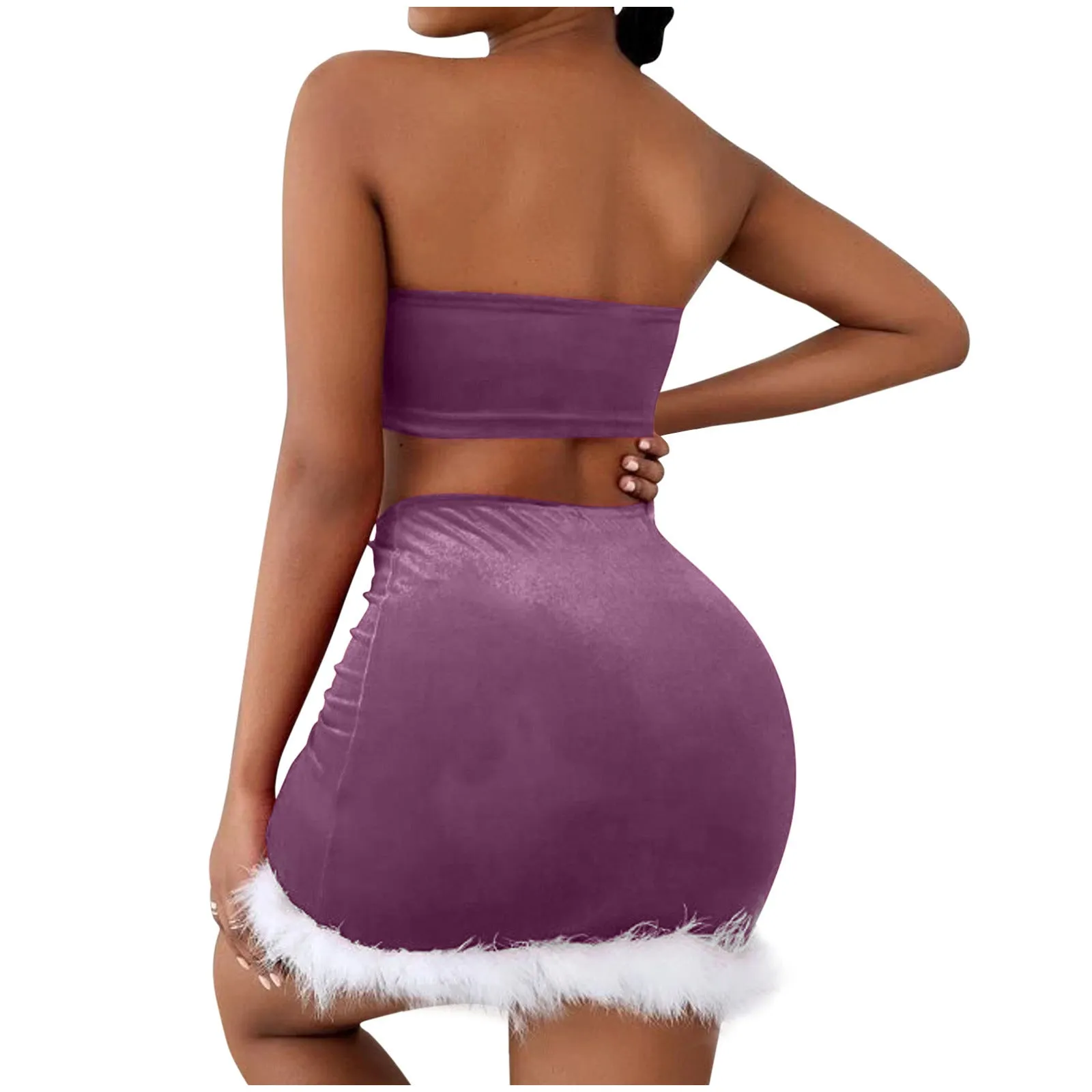 Festive Feather Strapless Christmas Nightclub Skirt Set for Holiday Glam