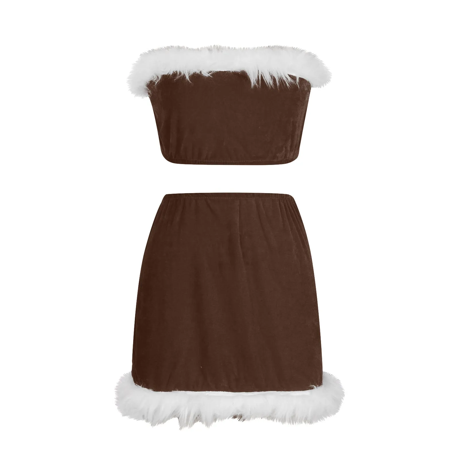 Festive Feather Strapless Christmas Nightclub Skirt Set for Holiday Glam