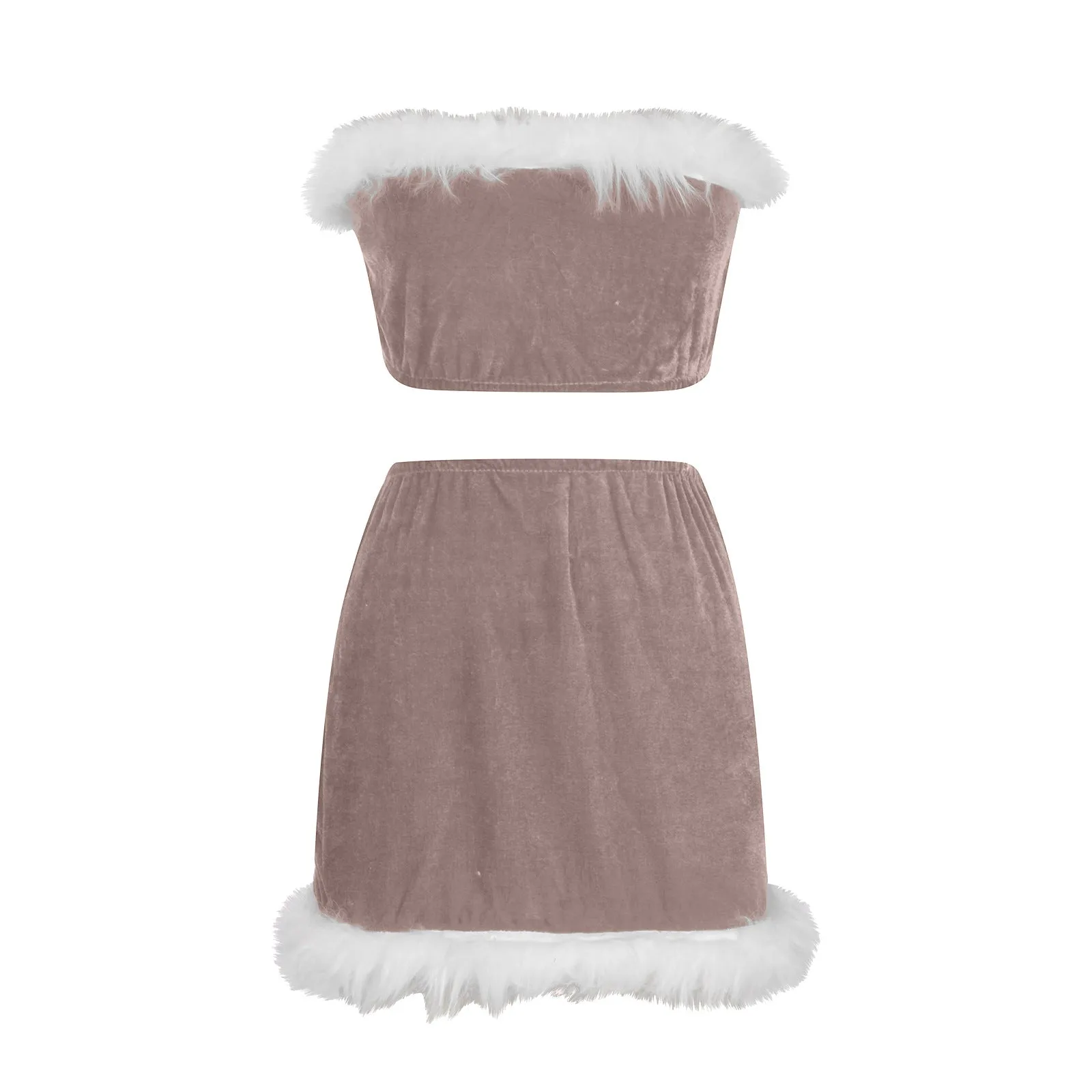 Festive Feather Strapless Christmas Nightclub Skirt Set for Holiday Glam