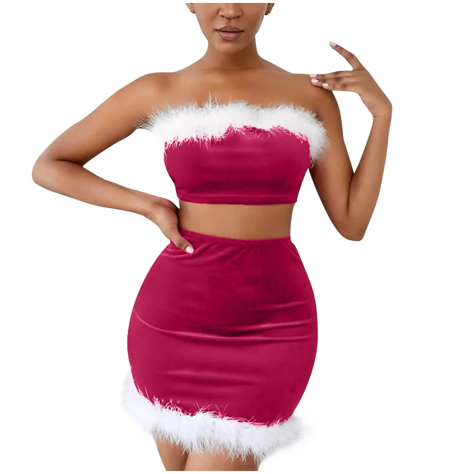 Festive Feather Strapless Christmas Nightclub Skirt Set for Holiday Glam