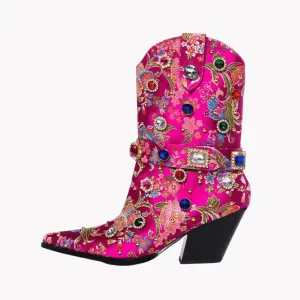 Gemstones Embellished Floral Ankle Boots