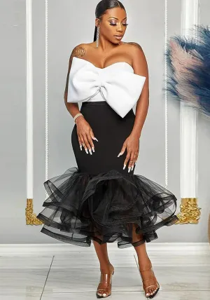 Glamorous Contrast Strapless Off-Shoulder Bowknot Mesh Bodycon Skirt Set