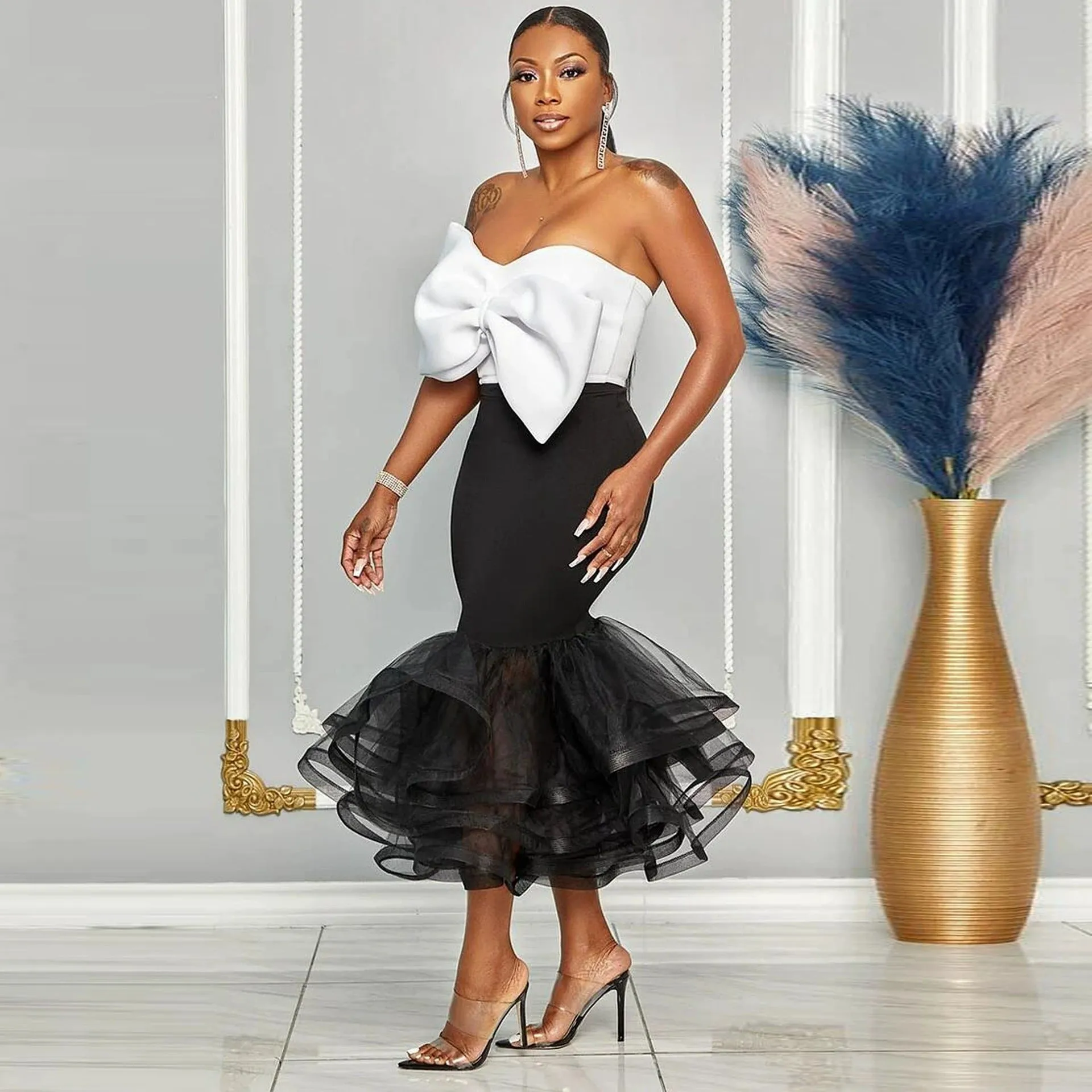 Glamorous Contrast Strapless Off-Shoulder Bowknot Mesh Bodycon Skirt Set