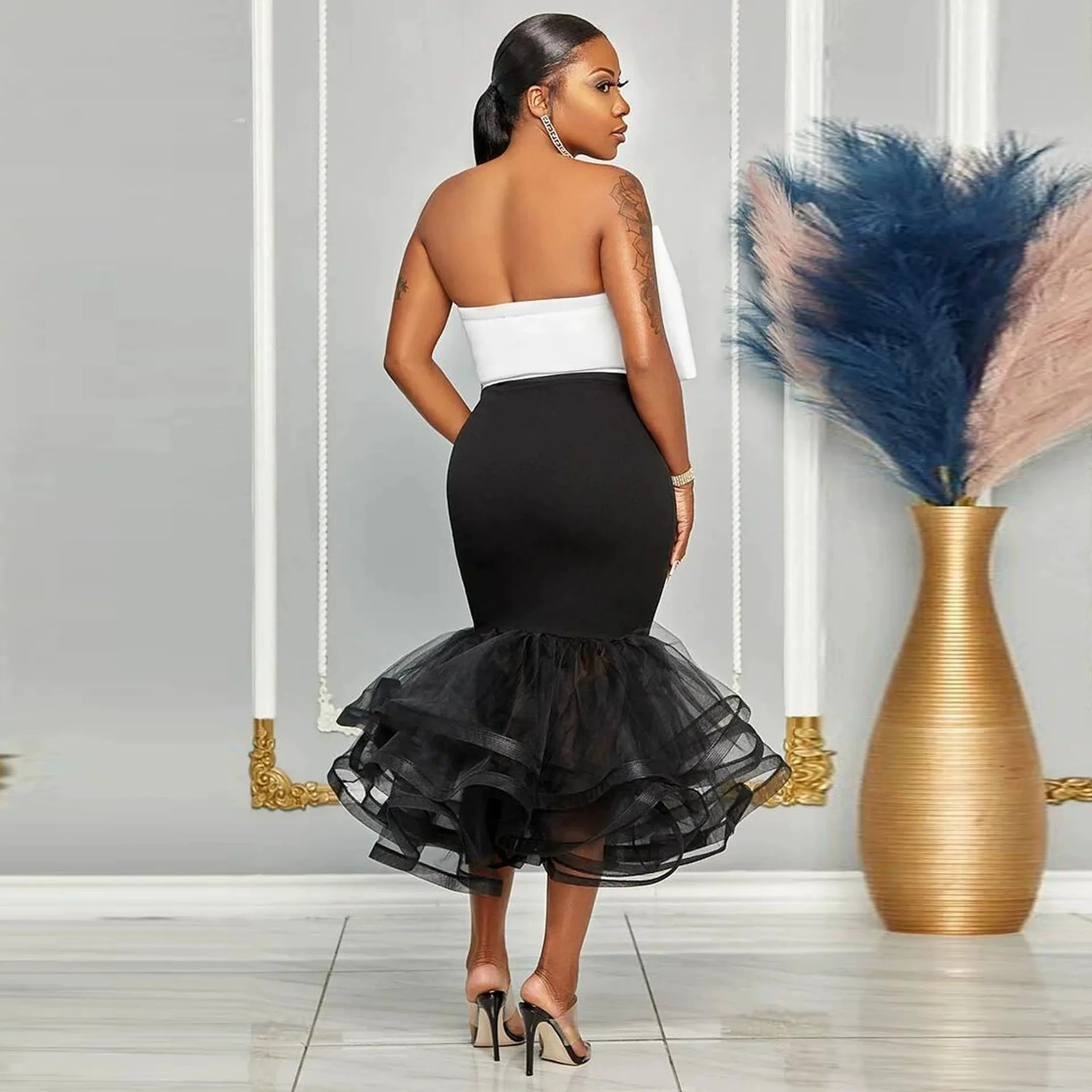 Glamorous Contrast Strapless Off-Shoulder Bowknot Mesh Bodycon Skirt Set
