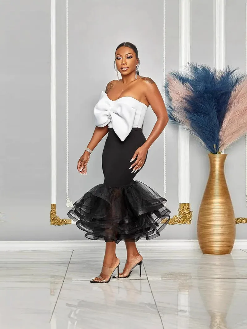 Glamorous Contrast Strapless Off-Shoulder Bowknot Mesh Bodycon Skirt Set
