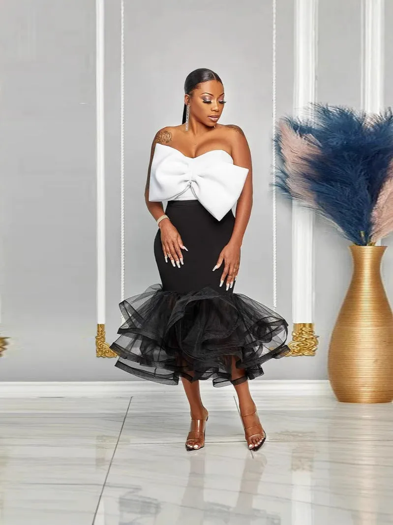 Glamorous Contrast Strapless Off-Shoulder Bowknot Mesh Bodycon Skirt Set