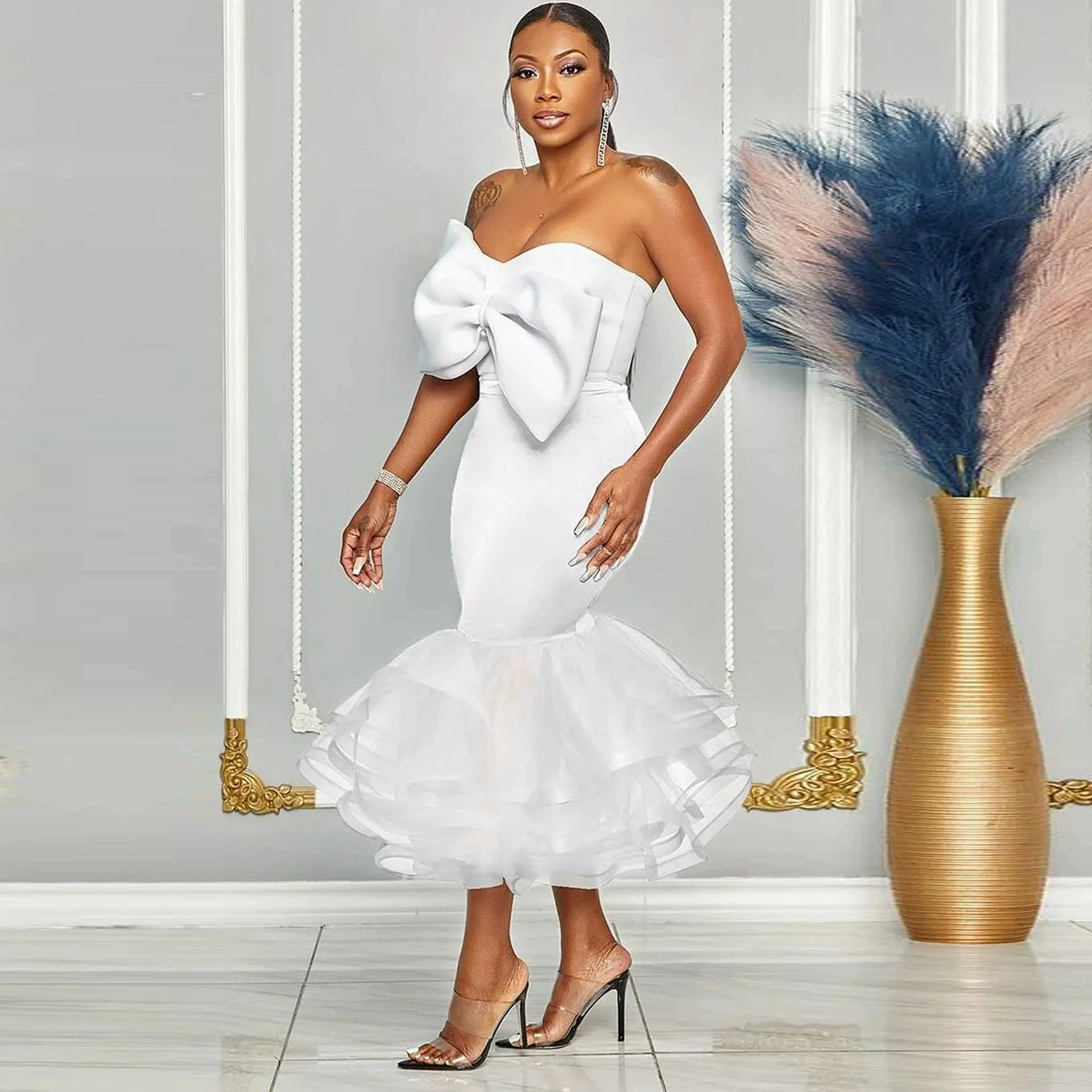 Glamorous Contrast Strapless Off-Shoulder Bowknot Mesh Bodycon Skirt Set