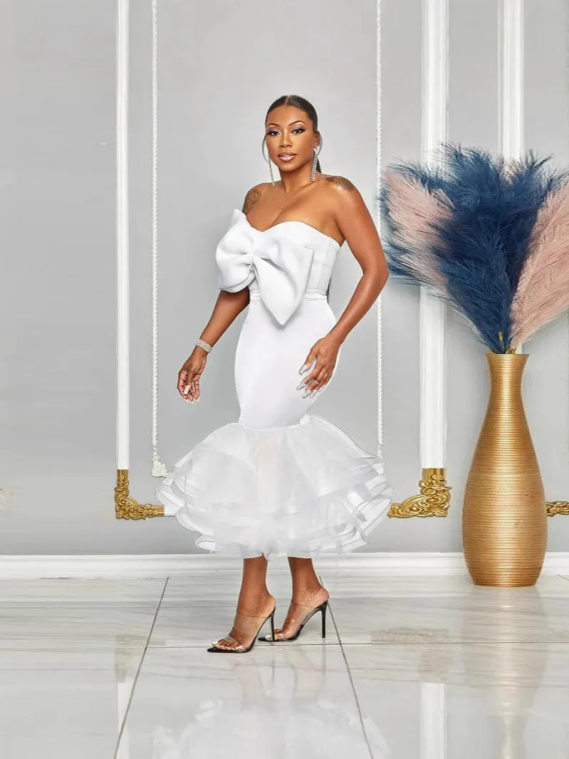 Glamorous Contrast Strapless Off-Shoulder Bowknot Mesh Bodycon Skirt Set