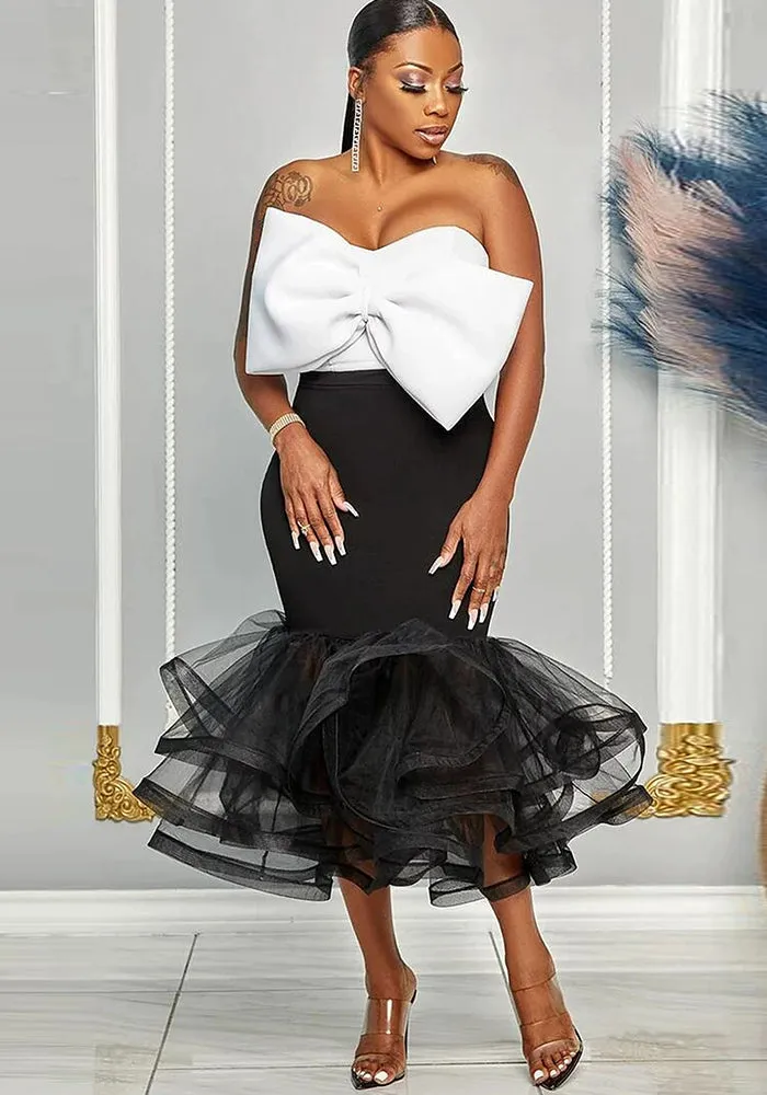 Glamorous Contrast Strapless Off-Shoulder Bowknot Mesh Bodycon Skirt Set