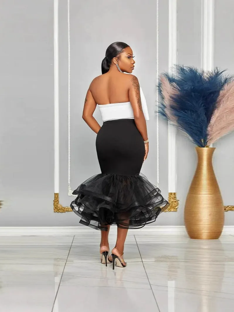 Glamorous Contrast Strapless Off-Shoulder Bowknot Mesh Bodycon Skirt Set