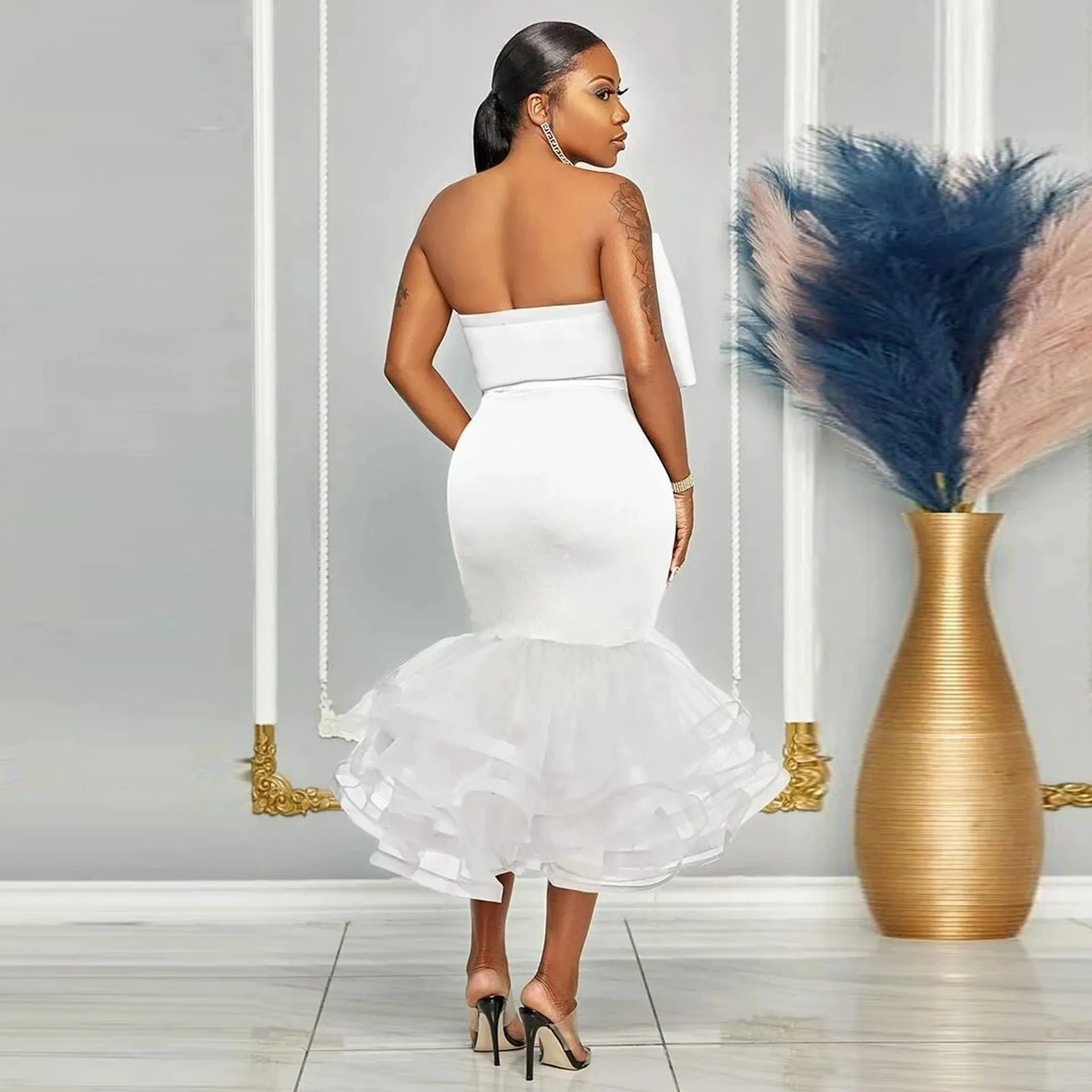 Glamorous Contrast Strapless Off-Shoulder Bowknot Mesh Bodycon Skirt Set