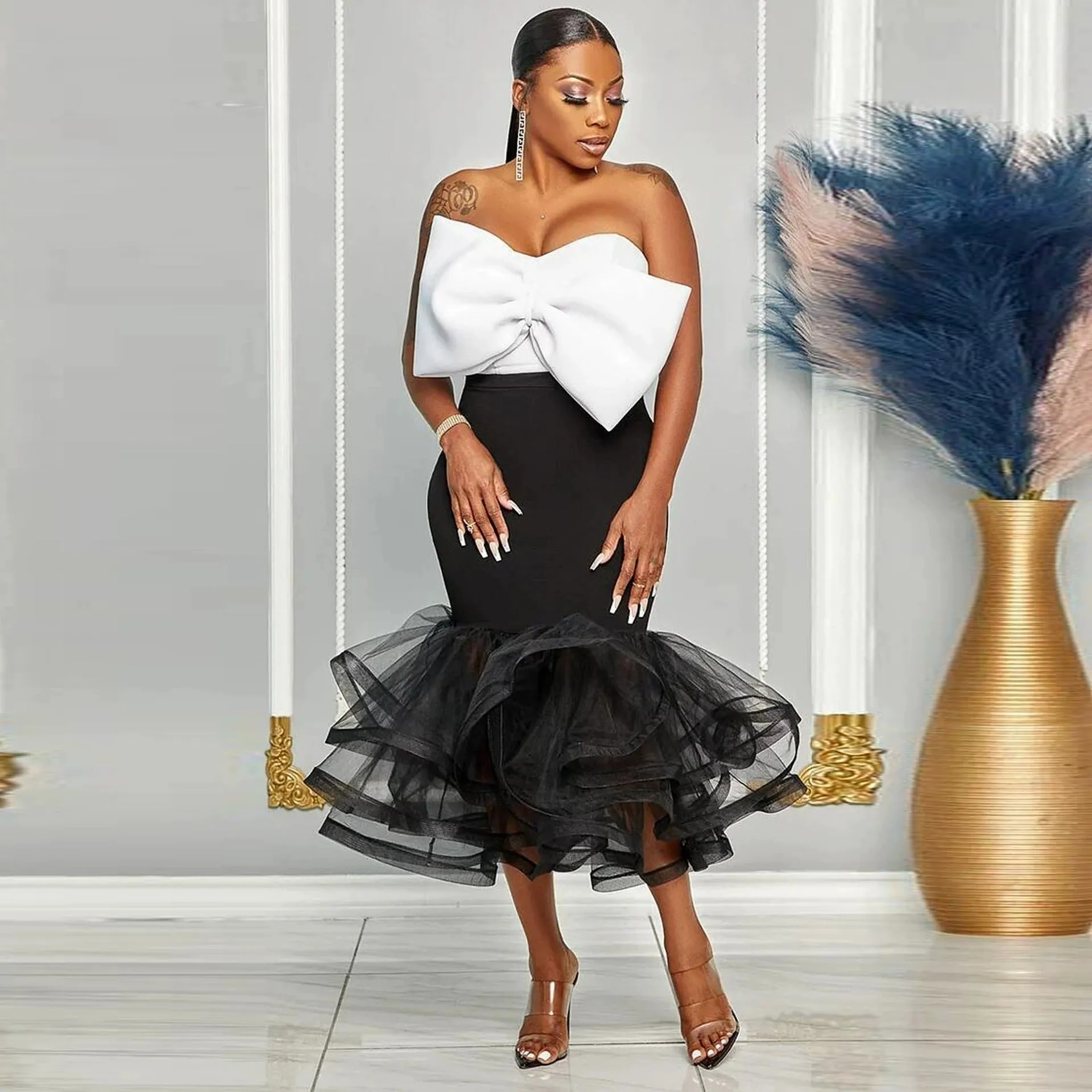 Glamorous Contrast Strapless Off-Shoulder Bowknot Mesh Bodycon Skirt Set