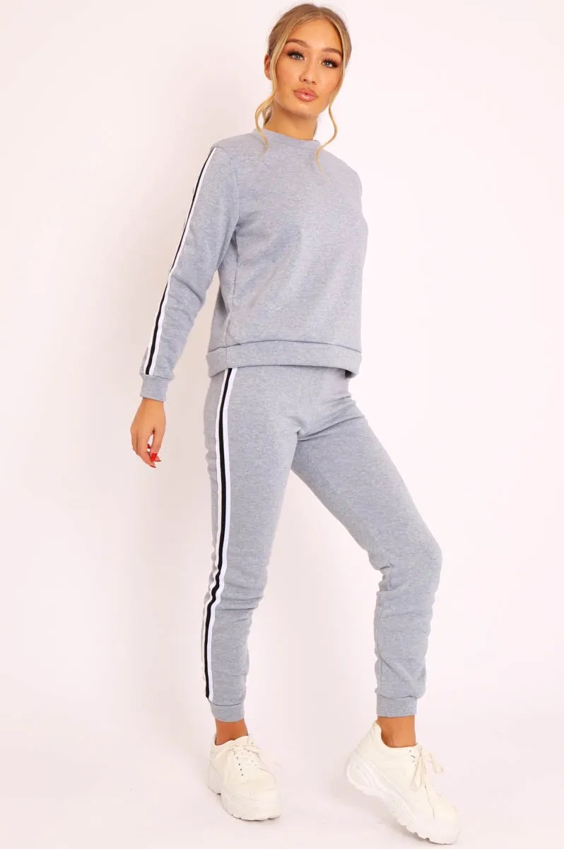 Grey Side Stripe Sweater and Joggers Tracksuit - Jilliana