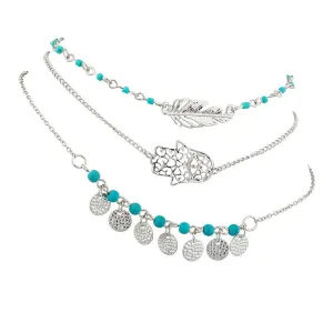 Hamsa Evil Eye Leaf Feather Turquoise Bead BFF Best Friends Forever Anklet Set (3 PC).