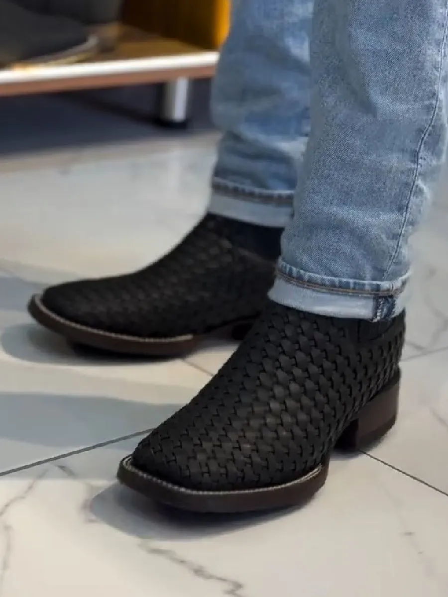 Hand-woven Block Heel Ankle Boots