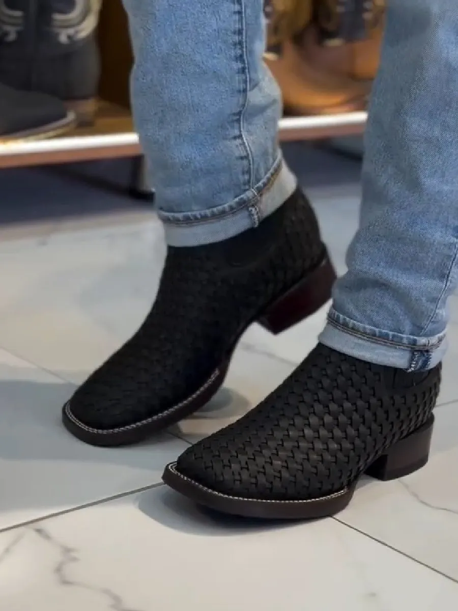 Hand-woven Block Heel Ankle Boots
