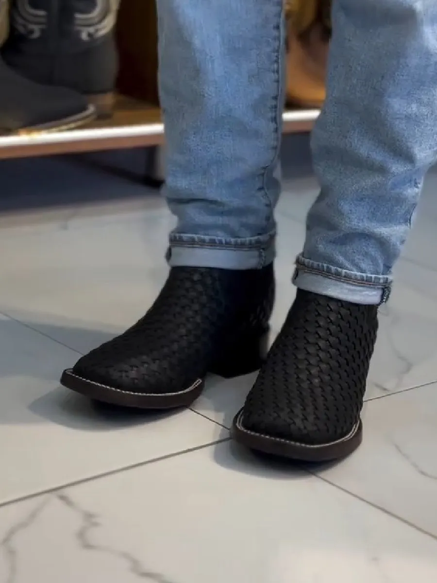 Hand-woven Block Heel Ankle Boots