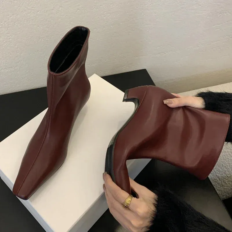 Handmade Pointed Toe Ankle Boots for Women – Slip-On Low Heel Street Style Party & Banquet Short Boots