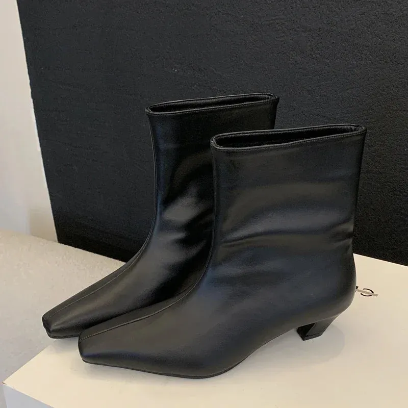 Handmade Pointed Toe Ankle Boots for Women – Slip-On Low Heel Street Style Party & Banquet Short Boots