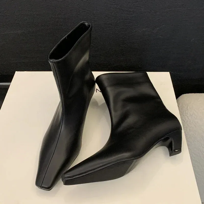Handmade Pointed Toe Ankle Boots for Women – Slip-On Low Heel Street Style Party & Banquet Short Boots