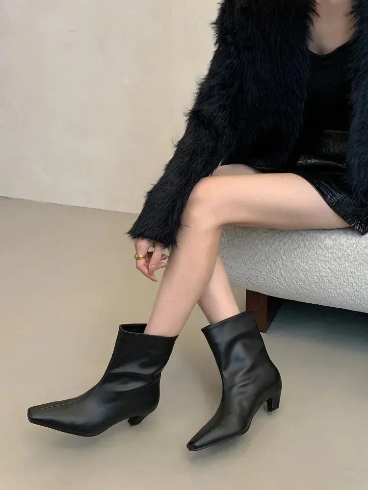 Handmade Pointed Toe Ankle Boots for Women – Slip-On Low Heel Street Style Party & Banquet Short Boots